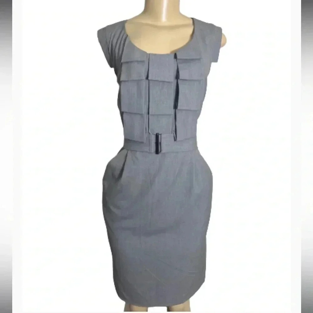 SANDRA  DARREN MIDI SHEATH‎ GRAY  DRESS SLEEVELESS BELT POCKETS STRETCH  SIZE 8